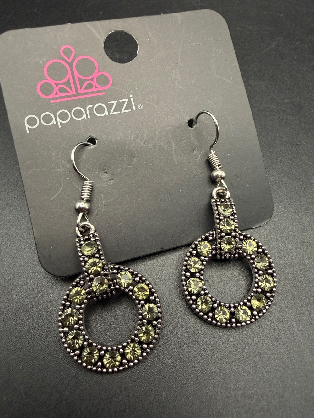 paparazzi Olive Crystal Circle Drop Earrings - Silver-Tone